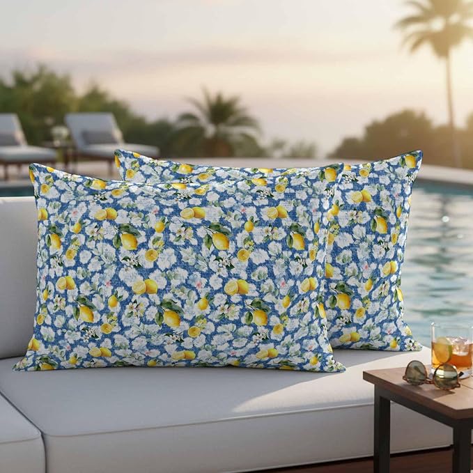 Yukro Summer Lemon Outdoor Waterproof Pillow Covers Pack of 2, Yellow Fruit White Flowers Country Plant Blue Throw Pillowcases Decorative Cushion Covers for Garden Patio Tent Sofa Couch, 20x12 inch