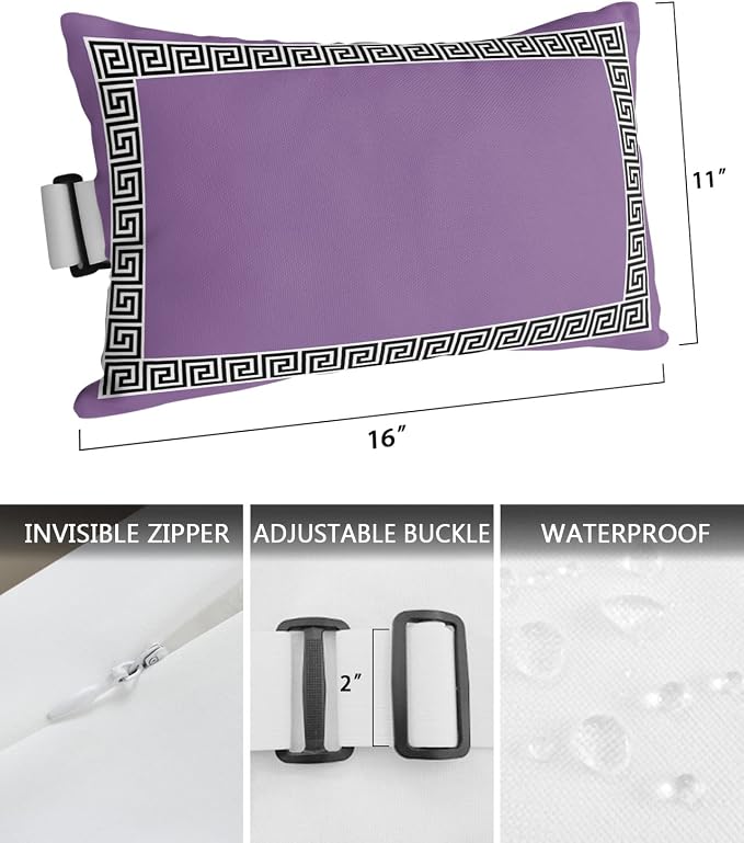 Outdoor Pillows Covers with Inserts Chinese Style Pattern Purple Background Waterproof Recliner Pillow with Adjustable Strap Throw Pillows for Patio Furniture Pool Lounge Chair, 11x16 inch, 2PCS