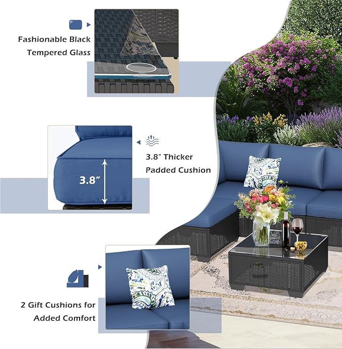 7 Piece Outdoor Patio Furniture Set with Cushions, PE Rattan Wicker Sectional Furniture Chair Set with Tea Table, Modular Patio Sofa for Garden, Backyard, Balcony Outdoor Lounge Area(Gray2)