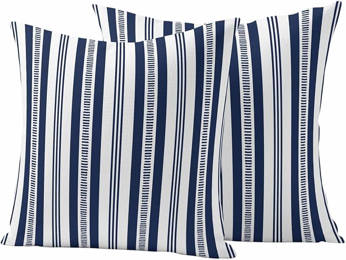 Navy Blue Striped Outdoor Waterproof Pillow Covers, Farmhouse Stripes Modern Geometric Decorative Square Throw Pillowcase Sofa Cushion Sham for Patio/Couch/Chair, 26"x26" 2 Pack