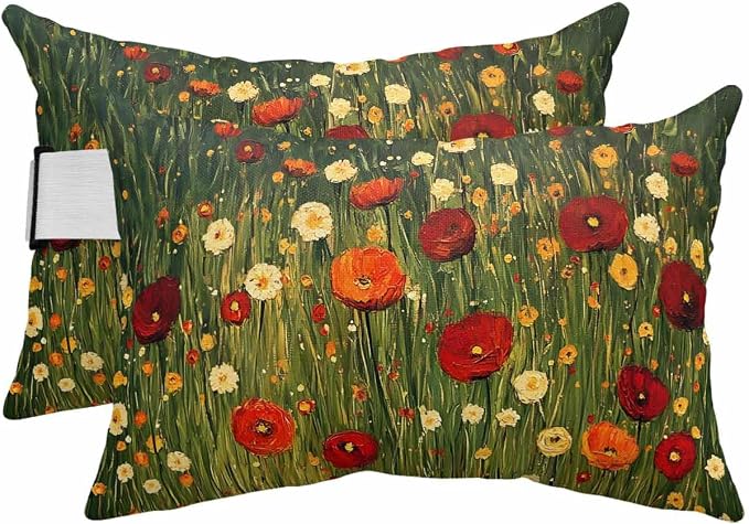 Outdoor Lumbar Cushions with Inserts, Spring Flowers Oil Painting Texture Waterproof Fluffy Fade Body Pillows, Patio Furniture Pillow for Home Balcony Garden Decor 11x16IN