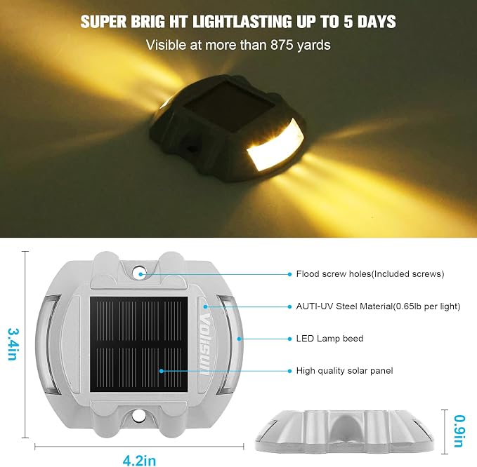 VOLISUN Solar Deck Driveway Dock Lights,Solar Pathway Lights,Warm 4 Pack | Solar Powered LED, IP68 Waterproof Led Outdoor Warning Step Marine Lights for Sidewalk Garden Yard