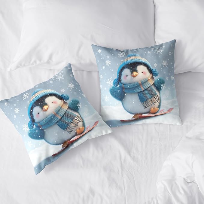 Winter Pillow Covers 20x20 Set of 2 Adorable Skiing Penguins Throw Pillow Covers Snowflakes Pillow Case Double Sided Printing Cushion Case for Home Decor Couch Sofa