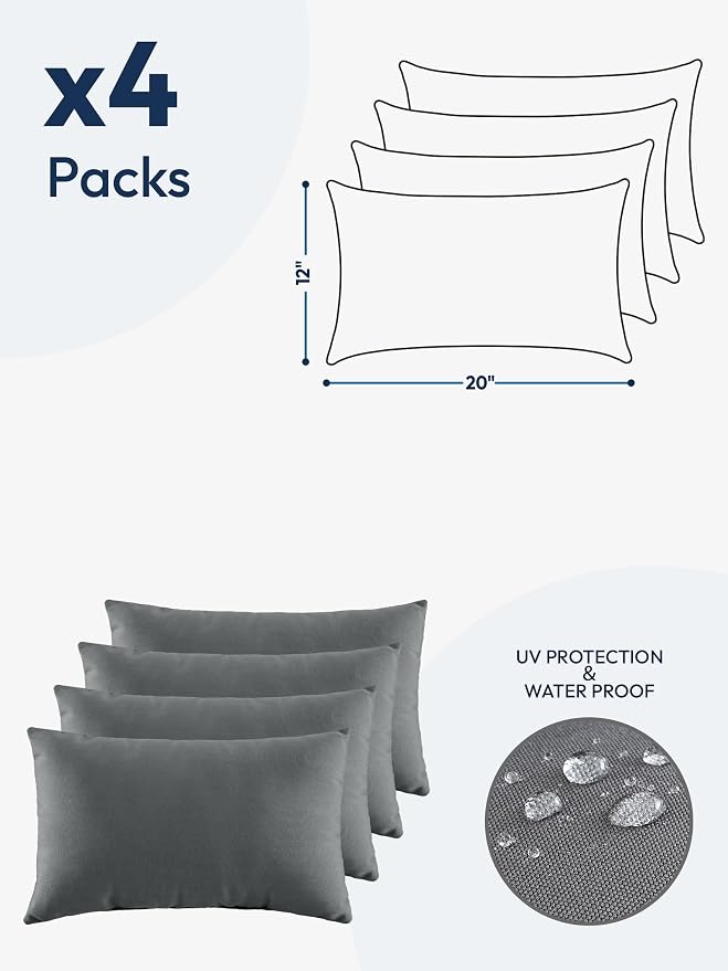 Indoor Outdoor Lumbar Pillows,Waterproof Outdoor Pillows Set of 4 for Patio Furniture,12×20 Inch, Dark Grey
