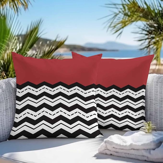 Black Ripple Outdoor Pillow Covers Pack of 2 Black Striped Simple Red Geometric Abstract Waterproof Throw Pillow Covers Decorative Cushion Cases for Patio Garden Tent Balcony Couch 24x24 inch