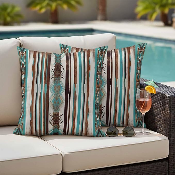 Ethnic Tribal Diamond Outdoor Pillow Covers 16"x16" Set of 2, Boho Abstract Teal Brown Stripes Diamond Waterproof Throw Pillow Covers for Patio Furniture, Decorative Cushion Covers for Porch