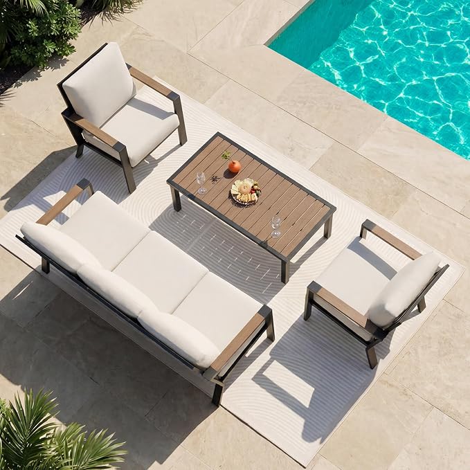 NATURAL EXPRESSIONS 4 Piece Patio Furniture Set, Outdoor Sectional Conversation Set with Handwoven Wicker Back & Fauxwood Tabletop, 3" Wide Arm with 6" Cushion, Metal Outdoor Couch for Porch, Yard