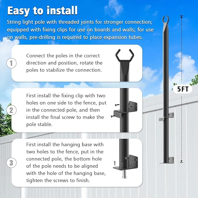 SINLEY 10 Pack 5Ft String Light Poles,Light Poles for Outside String Lights,Outdoor Light Poles with Fork,Metal Pole Stand for Patio,Backyard,Deck