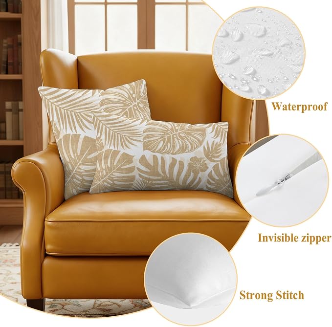 Khaki Palm Leaves Outdoor Pillow Covers 24"x24" Set of 2, Tropical Botanical Minimalist Modern Waterproof Throw Pillow Covers for Patio Furniture, Decorative Cushion Covers for Porch