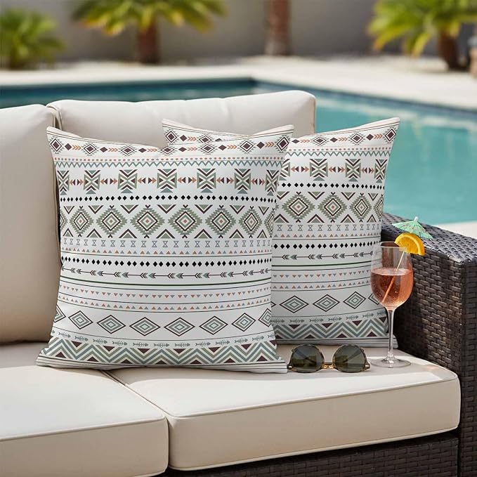 Sage Green Boho Outdoor Pillow Covers 20x20 Inch Throw Pillow Covers Set of 2 Waterproof Decorative Pillow Cases Vintage Ethnic Tribe Abstract Art Cushion Covers for Patio Furniture Garden Couch Sofa