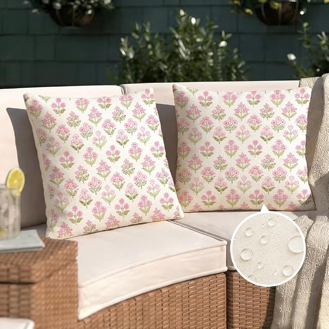 RABUSOFA Pink Vintage Floral Summer Pillow Covers Set of 2,Seasonal Flower Oudtdoor Decorative Throw Cuchion Cases Spring Summer Decorations for Home Patio Couch Decor 16x16 Inch