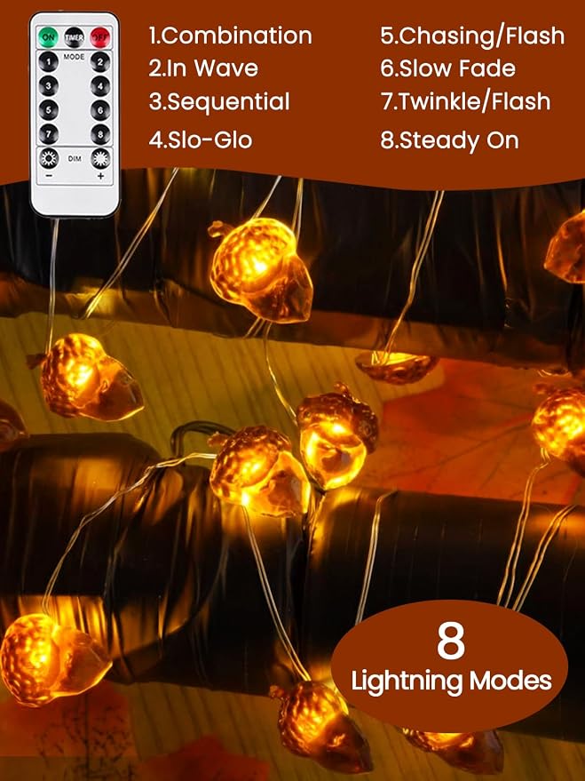2 Pack 30 LED Acorn Fall Decorations, String Lights Battery Operated Remote | 20FT 3D Acorn Fairy Twinkle Lights with Timer, 8 Modes, Waterproof Outdoor Autumn Harvest, Thanksgiving, Halloween Decoration