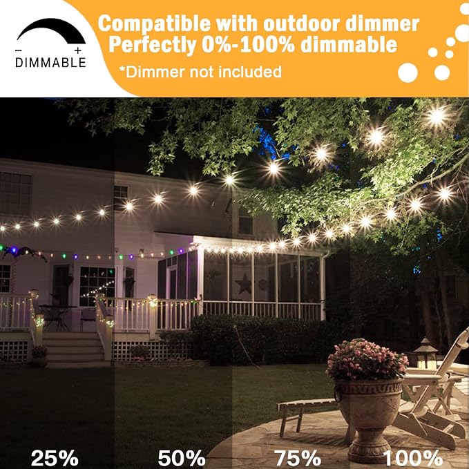 96FT (2x48FT) LED Dimmable Outdoor String Lights, Patio String Lights Waterproof, Commercial Grade&Shatterproof, 4000K Natural White, White Cords, 15 Hanging Sockets String for Backyard, Gazebo