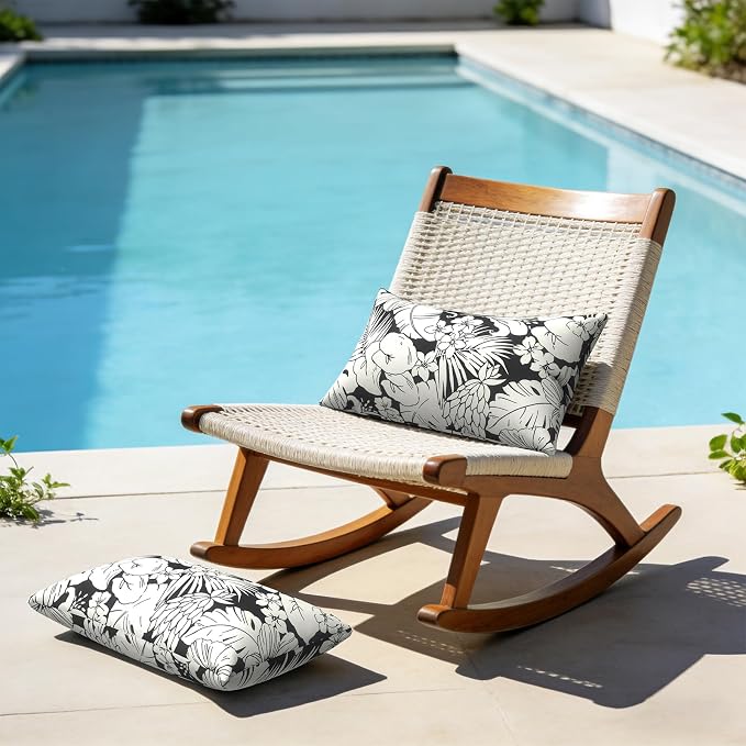 Outdoor Lumbar Pillows with Insert 12x20 Inch, Waterproof Throw Pillow for Patio Furniture, Decorative Lumbar Cushions for Garden Home Sofa Office Chair, Set of 2, Tropical Blossom Noir