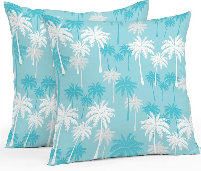 Throw Pillow Covers 16x16 Inch Set of 2, Tropical Palm Tree Waterproof Outdoor Pillow Covers, Blue Cyan Plants Coastal Leaf Beach Decorative Cushion Pillowcases for Couch, Sofa, Bed, Garden, Patio