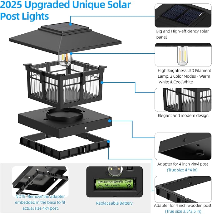 4x4 Solar Post Cap Lights, Classic Black, 2 Pack, Warm & Cool White | Fits 4x4 Wooden and Vinyl Posts,Fence Deck Post Lights,Edison-style bulb