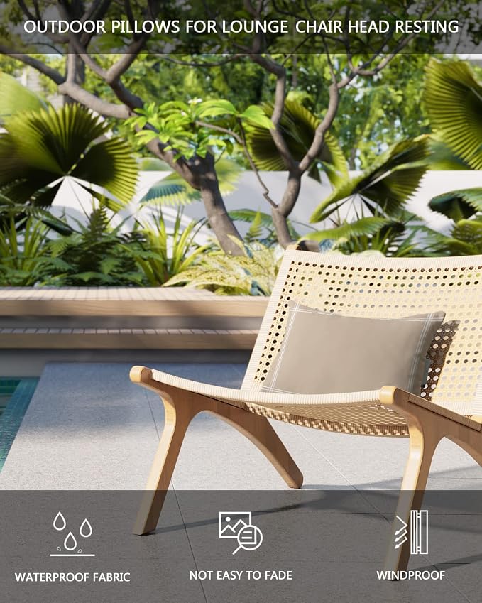 T&H XHome Outdoor Pillow for Chaise Lounge Chair, Solid Color Light Khaki Waterproof Headrest Pillow Lumbar Pillows with Insert & Adjustable Elastic Strap for Beach, Poolside, Patio, Office (1 Pack)
