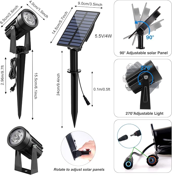 Blue Solar Spot Lights Outdoor,2 Pack Solar Landscape Spotlights IP65 Waterproof 9.8ft Cable, Auto On/Off Outdoor Wall Lights for Garden Yard Driveway Porch Walkway Pool (1-in-1)