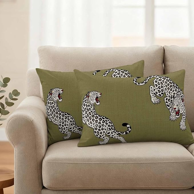 Vandarllin Outdoor Throw Pillows Covers 20x12 inch Set of 2 Waterproof Green Leopard Decorative Zippered Cushion Covers for Patio Furniture, Bohemian Animal Print Lumbar Pillowcases