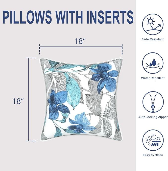 Outdoor Throw Pillows Inners, Fade Resistant Patio Furniture Square Pillows with Piping Set of 2 for Patio Furniture, 18x18 Inch, Clemens Blue