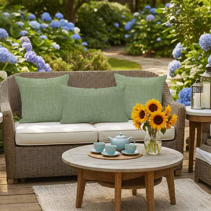 Outdoor Waterproof Throw Pillow Covers Set of 2 Sage Green Linen Pillowcases 24x24 Inches Farmhouse Pure Color Decorative Pillows Cushion Case Patio Pillows for Couch Bed Chair Garden