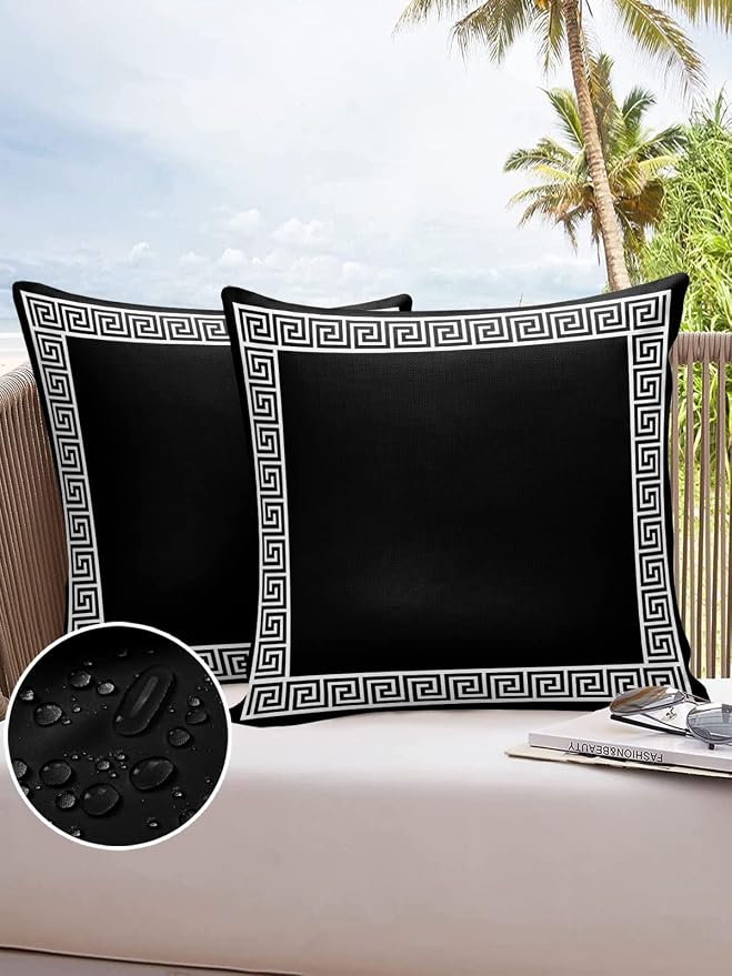 Simple Greek Art Outdoor Pillow Covers Set of 2,Decorative Waterproof Throw Pillow Case, Classic Greece Black White Cotton Linen Soft Cozy Cushion Pillowcases