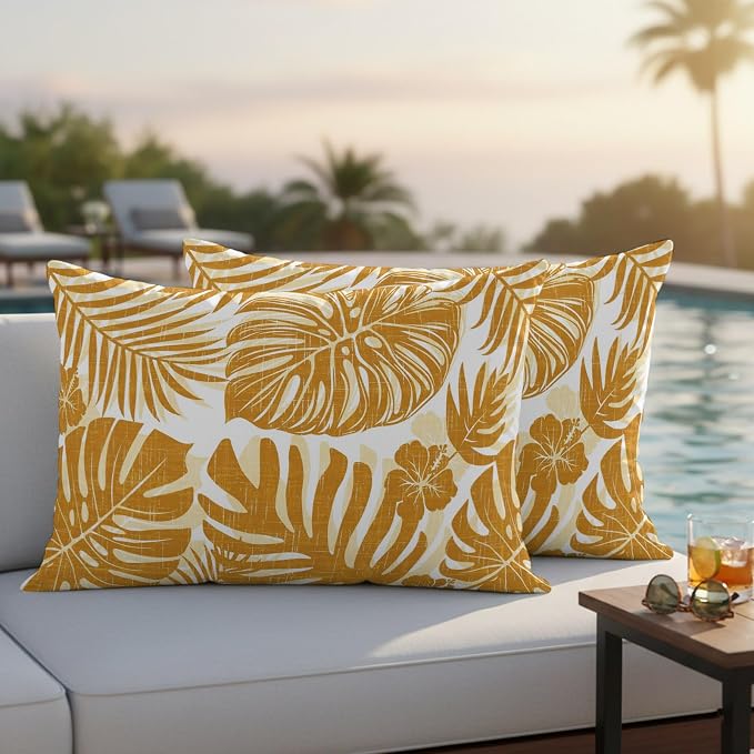 Vintage Yellow Palm Leaves Outdoor Pillow Covers 20"x12" Set of 2, Tropical Botanical Minimalist Modern Waterproof Throw Pillow Covers for Patio Furniture, Decorative Cushion Covers for Porch