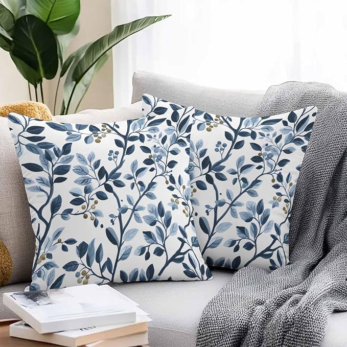 Throw Pillow Covers 18x18 Inch Set of 2, Navy Blue Botanical Waterproof Outdoor Pillow Covers, Summer Spring Leaves Decorative Cushion Pillowcases for Couch, Sofa, Bed, Garden, Patio