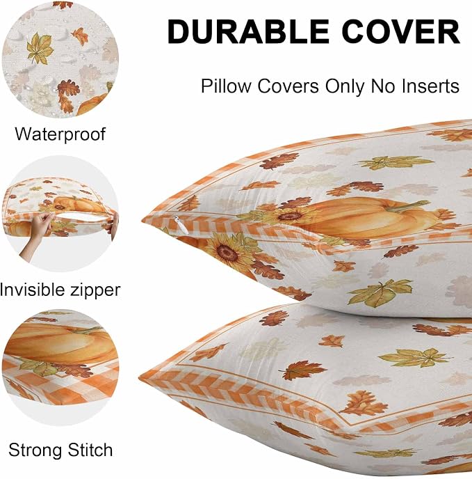 Thanksgiving Day Outdoor Throw Pillow Cover Autumn Pumpkins Sunflowers Waterproof Cushion Covers 2 Pack Fall Leaves Plaid Pillow Cases Home Decoration for Patio Garden Couch Sofa 18x18In