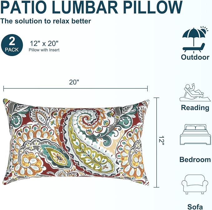 DYTXIII Pack of 2 Waterproof Outdoor Lumbar Pillow with Inserts, 12x20 in Rectangle Decorative Patio Throw Pillow for Home, Sofa,Bench and Patio Furniture, Paisley Chilli
