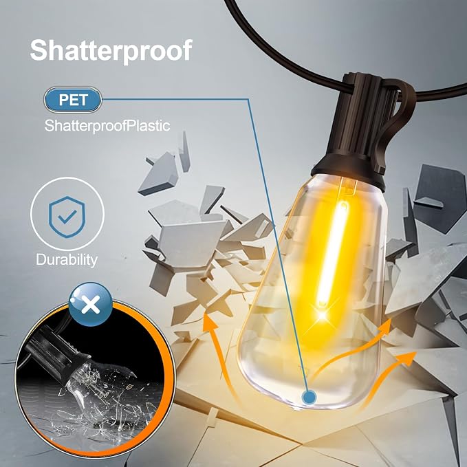 Outdoor Lights String Patio Outside - 100ft 30M LED Waterproof Light ST38 | Dimmable, Shatterproof, Hanging Lighting Edison Bulb Deck Backyard Gazebo Balcony Party Bistro Cafe Pergola Garden Yard Porch