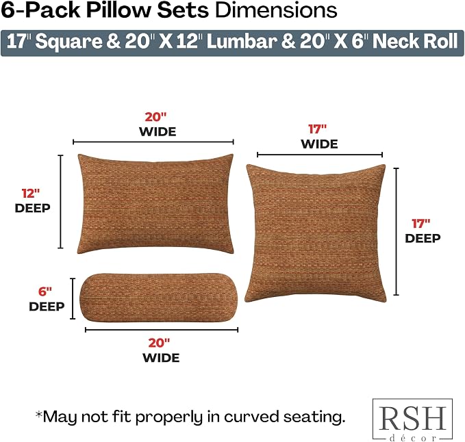 RSH DECOR: 6-Pack Pillow Set | Sunbrella Performance Fabric |Water & Fade-Resistant| 17" Square, 20"x12" Lumbar, 20"x6" Neck Roll | Outdoor Pillows for Patio Furniture | Made in USA (Simone Sinnabar)