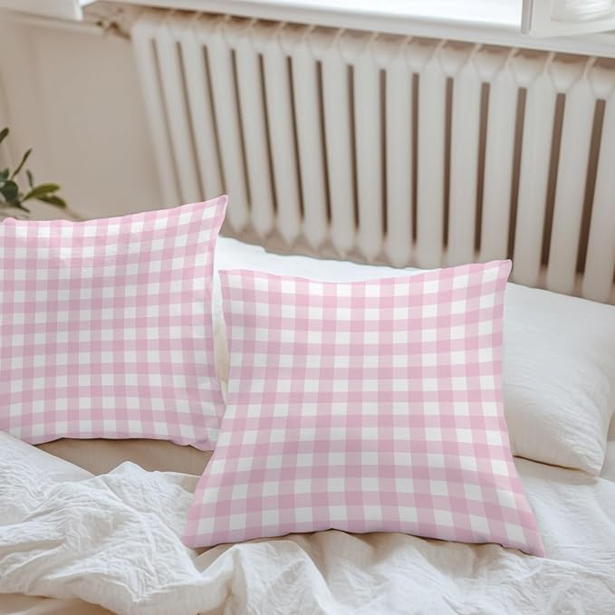 Light Pink Checks Outdoor Pillow Covers 24"x24" Set of 2, Gingham Plaid Abstract Modern Minimalist Waterproof Throw Pillow Covers for Patio Furniture, Decorative Cushion Covers for Porch