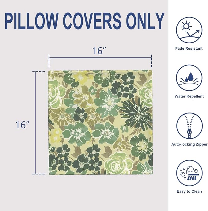 Outdoor 16x16 Inch Throw Pillow Covers Set of 2, Covers ONLY, All Weather Square Pillow Cases, Patio Cushion Pillow of Home Furniture Use, Green Rose