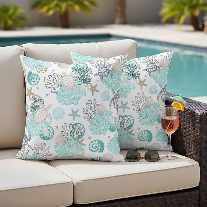 Summer Coastal Outdoor Throw Pillow Cover Ocean Sea Turtle Seaweed Waterproof Cushion Covers 2 Pack Teal Grey Abstract Art Pillow Cases Home Decoration for Patio Garden Couch Sofa 18x18In