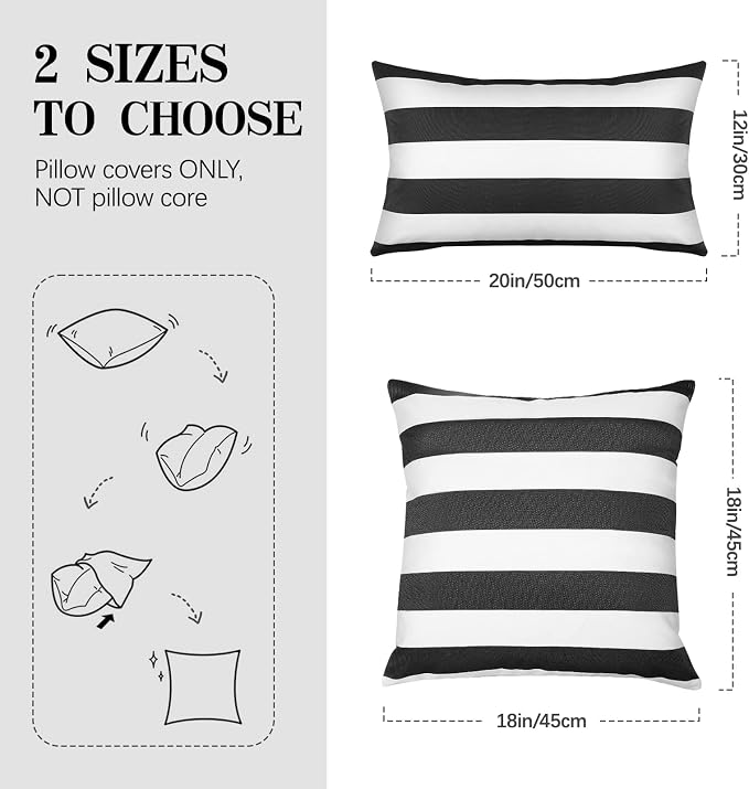 Lewondr 2 Pack Outdoor Throw Pillow Covers, 12"x20", Black Gray + White | Lumbar Rectangle Stripe, Waterproof, For Outdoor Patio Porch Farmhouse Garden Balcony Couch, 30x50cm