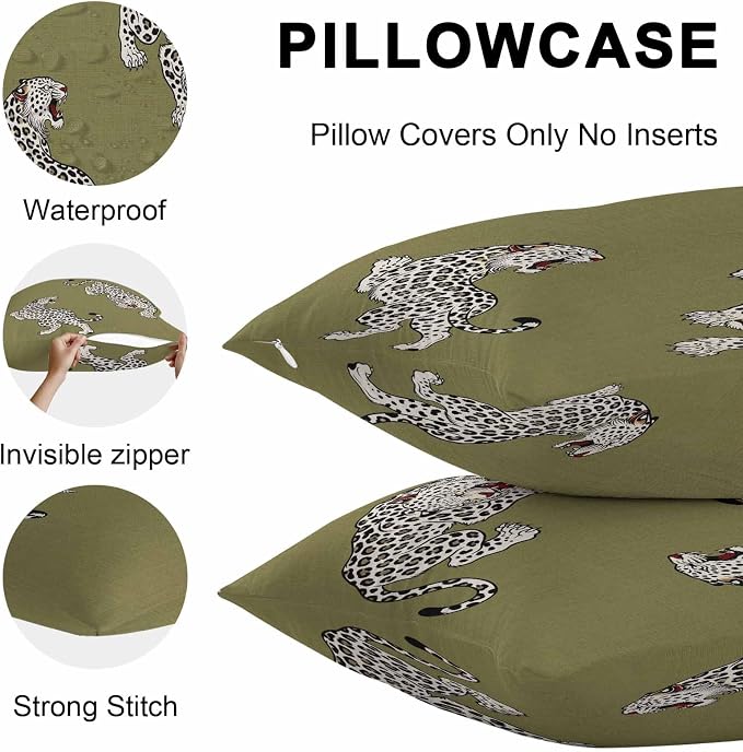 Vandarllin Outdoor Throw Pillows Covers 18x18 inch Set of 2 Waterproof Green Leopard Decorative Zippered Cushion Covers for Patio Furniture, Bohemian Animal Print Lumbar Pillowcases