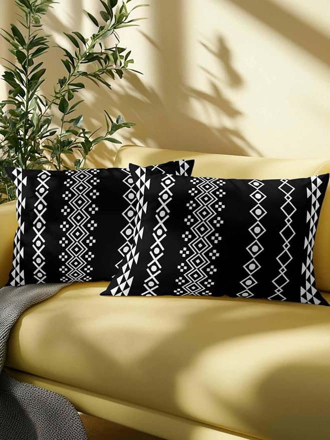Outdoor Waterproof Throw Pillows 12x20in, Traditional Tribal White Diamond Patio Pillows Pack of 1, Decorative Pillow Covers with Insert, Pillow Cushion Case for Garden Boho Geometric on Black