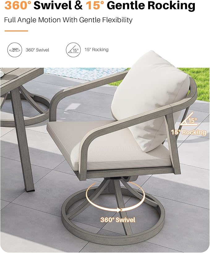 2-Piece Outdoor Swivel Chairs, Patio Dining Chairs with Removable Cushions, Never-Rust Aluminum Outdoor Dining Chairs with Wraparound Seating Design for Garden, Deck, Backyard, Gray Oak
