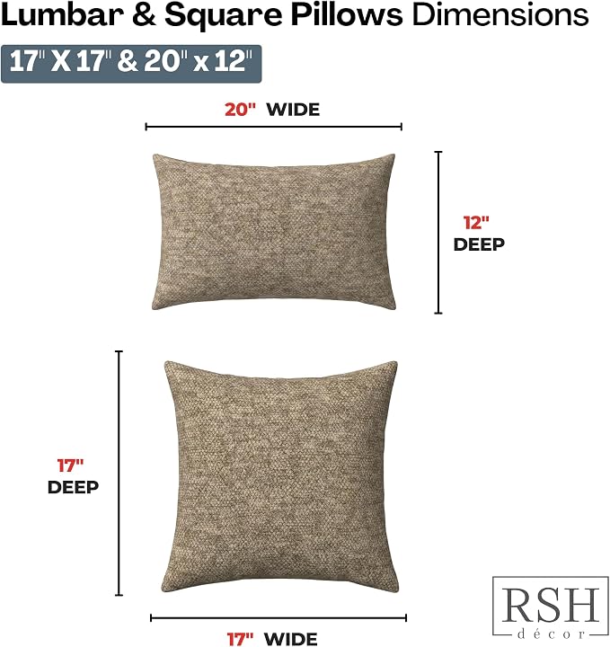 RSH DECOR: Sunbrella Lumbar & Square Pillows Set of 4 | 20" x 12" & 17" x 17" | Water and Fade-Resistant Performance Fabric | Outdoor Throw Pillows for Patio Furniture | Made in USA (Berber Cafe)