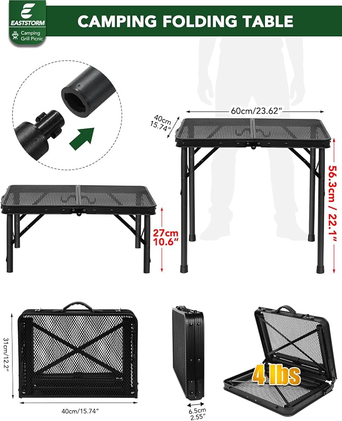 2Ft Small Folding Table with Carry Handle, Camping Table Adjustable Height 10.6–22 in, Black Metal Mesh, Portable & Compact for Outdoor/Indoor,Grill Table, 23.6×15.8 in, 4 lb, 66 lb Capacity