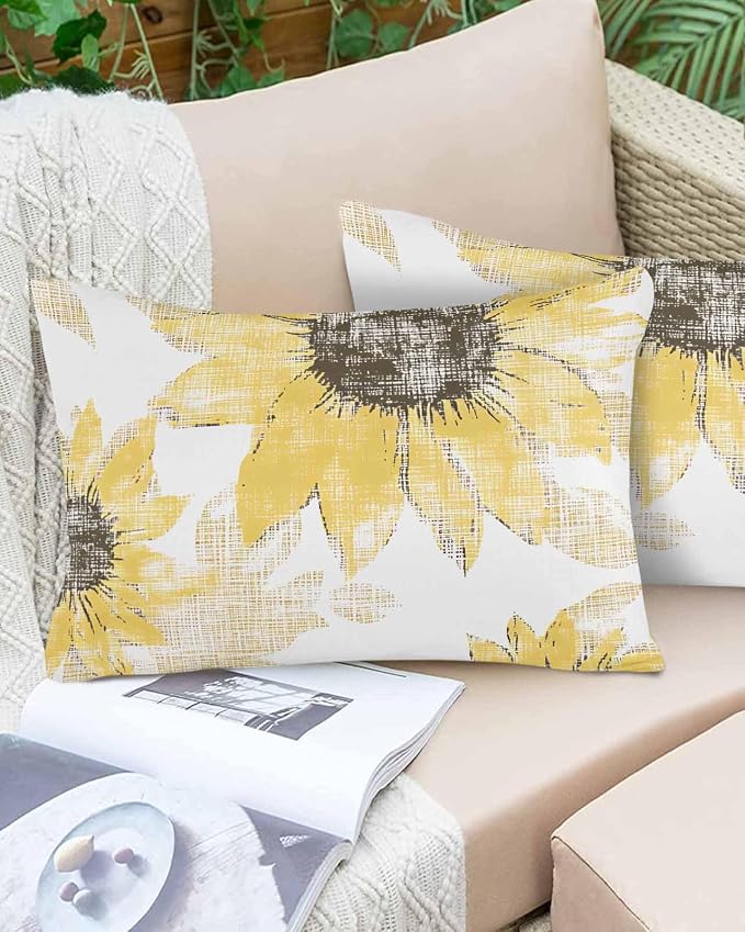 Vandarllin Outdoor Throw Pillows Covers 20x12 inch Set of 2 Waterproof Yellow Sunflower Decorative Zippered Cushion Covers for Patio Furniture, Flower Field Lumbar Pillowcases