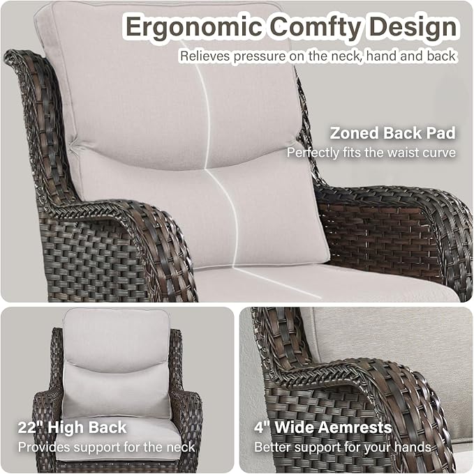Outdoor Swivel Rocker Patio Chairs with 2 Ottomans - 5" Thick Cushion 5 Piece Furniture Set All Weather Wicker Conversation Set with Side Table for Porch Poolside and Deck - Brown/Beige