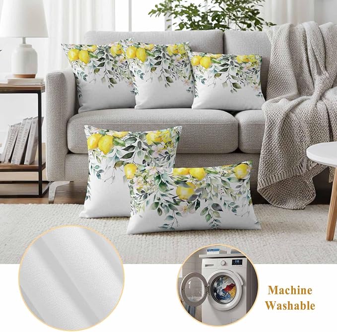 Rustic Floral Plant Outdoor Waterproof Throw Pillow Covers Set of 2, 18"x18", Green Eucalyptus Leaves Sage Lemon White Decorative Pillow Covers Outside Cushion Case for Patio Porch Garden