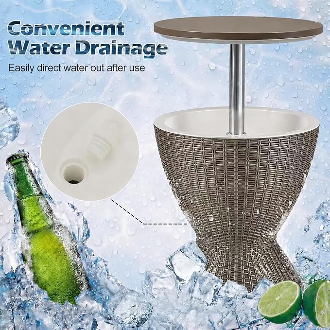 LDAILY Outdoor Cooler Table, Patio Cooler Table with 8 Gallon Capacity, Adjustable Height, Rattan Style Patio, Drain Plug, Cooler Side Table Outdoor for Poolside, Deck, BBQ & Parties(Light Brown)