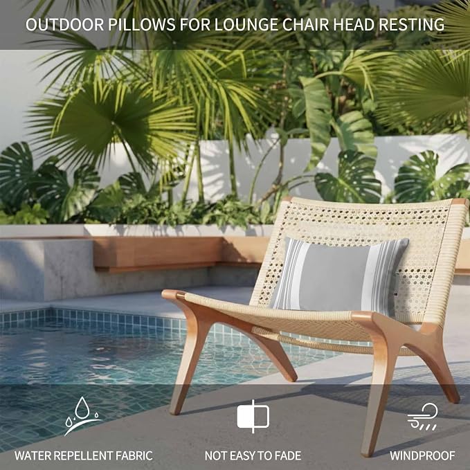 Outdoor Lumbar Pillow Set of 2, Farmhouse Grey Waterproof Beach Headrest Pillow with Inserts, Aesthetic Modern Line Striped Recliner Throw Pillows for Patio Furniture, 12 x 20