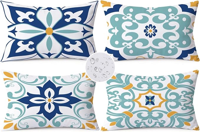 Outdoor Waterproof Throw Pillow Covers 12x20 Set of 4 Floral Boho Decorative Cushion Cases for Patio Furniture Garden Porch Bench Couch Sunbrella