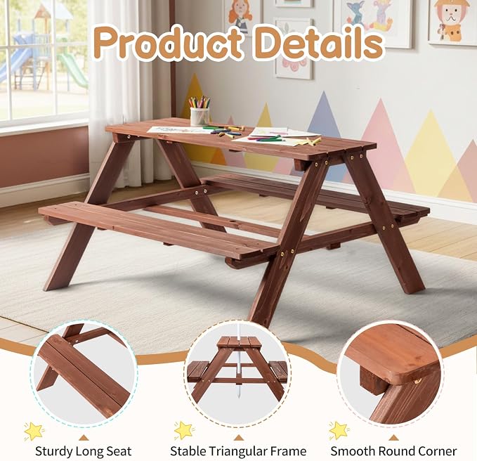 Kids Picnic Table, Wooden Toddler Picnic Table and Chair w/Removable Umbrella, Kids Outdoor Furniture for Patio Garden, Dark Brown