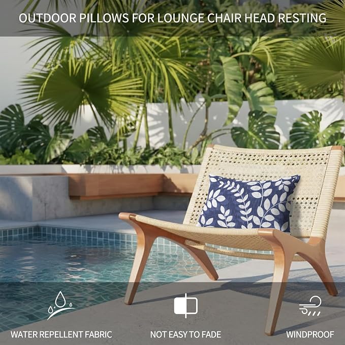 Chaise Lounge Headrest Pillow 1 Pack, Indigo Leaves Waterproof Chair Pillows with Insert & Adjustable Elastic Strap for Beach Recliner, Farmhouse Botanical Leaf Branch Vintage Modern Outdoor Pillow
