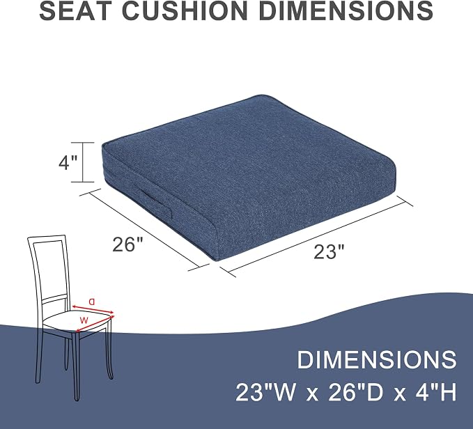 Aoodor Patio Chair Cushions Set of 4, 23 x 26 x 4 Inch Water Resistant Outdoor Seat Cushions with Handle and Ties, Square Corner Cushions for Patio Furniture Garden Lawn, Navy Blue